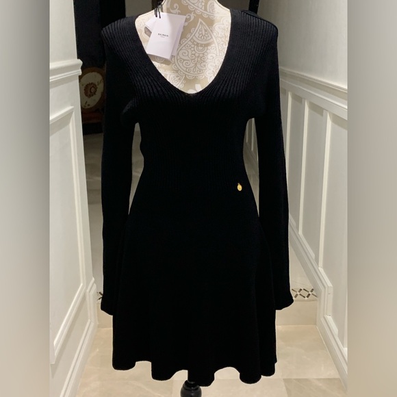 Balmain Plunging Long-Sleeve Rib Knit Mini Dress Size 44 - Picture 5 of 16